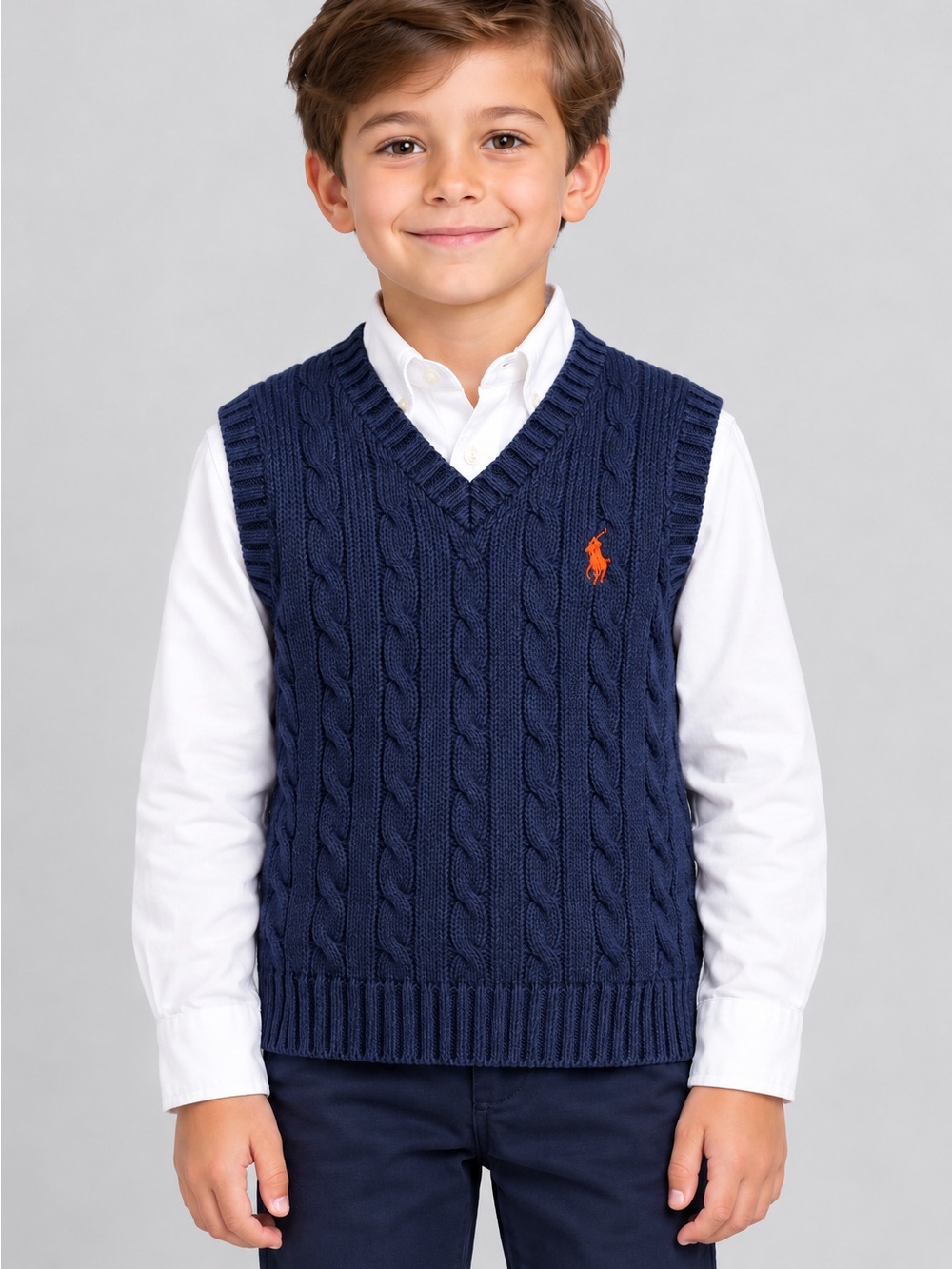 Polo Ralph Lauren Boys Navy Blue Cable Knit Sweater Vest Size 7 Red Pony